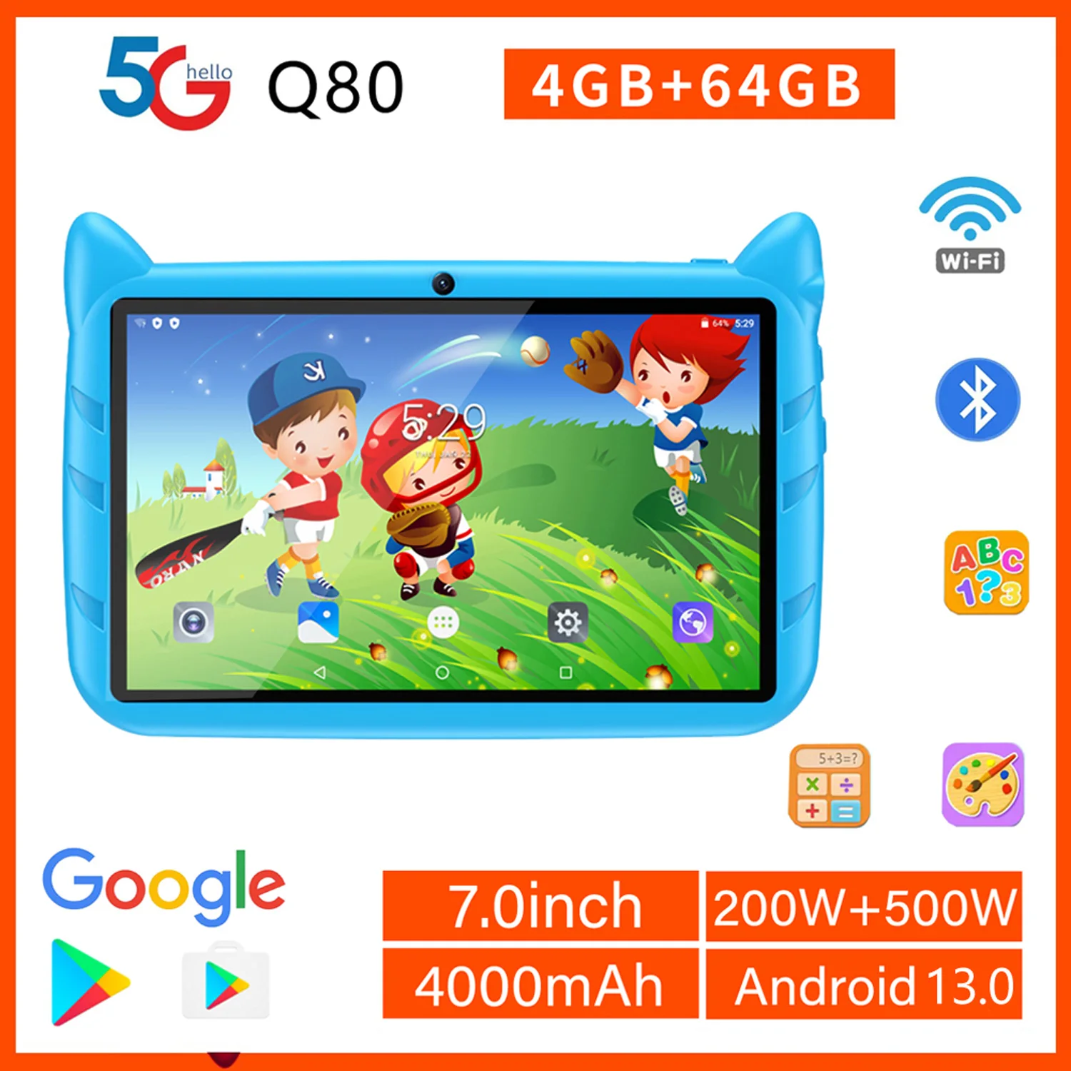 Tablet anak 7 inci, versi Global 5G WiFi Quad Core Tablet pendidikan Android PC 4GB RAM 64GB ROM hadiah anak-anak