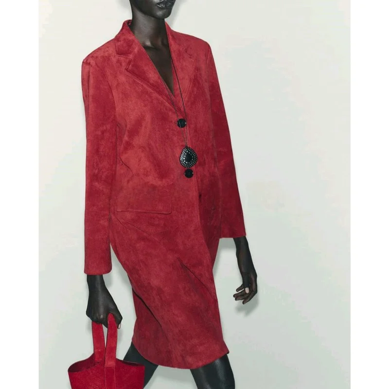 Autunno Donna mat Sle Long Sve Tubo dritto Orlo effetto pelle scamosciata inversa Cappotto Jaet Commute Sle Lunghezza midi Singolo...