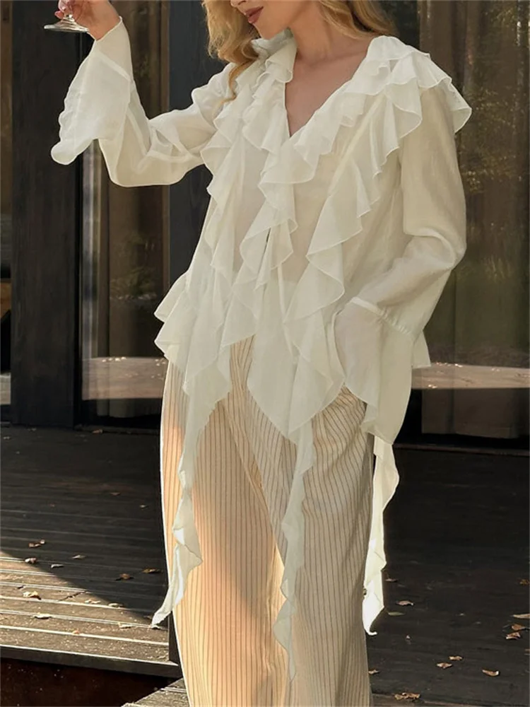 Tossy Ruffled Chiffon Casual Shirts Top Women's See-Through Loose Patchwork V-Neck Summer 2025 Pullover Solid Female Blouse Top