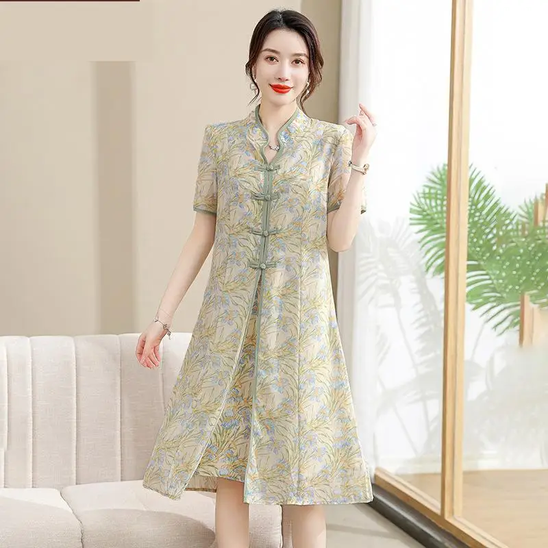 Mom's Summer Mid Length Short Sleeved Cheongsam Dress, Middle-aged Women's Temperament, Fashionable And Slim Long Skirt Printing