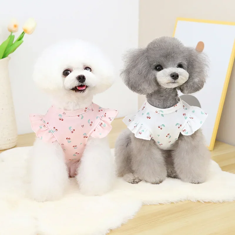 

Summer Ins Cute Dog Clothes Lace T-shirt Small and Medium Dog Top Cartoon Cherry Pet Vest Summer Pet Clothes