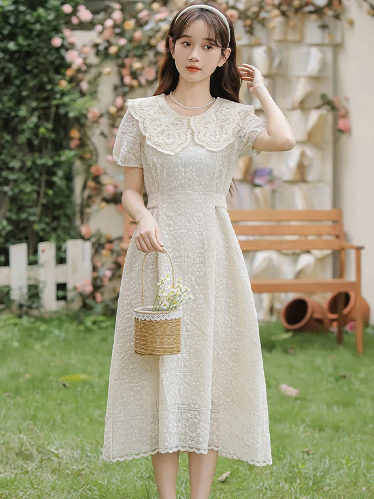 2025 White Lace Hook Flower Hollow Luxury Long Dress Summer Puff Sleeve Doll Collar Casual Dress Women Korean Vintage Prom Dress