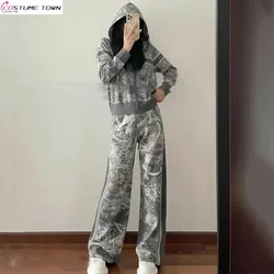 2024 autumn and winter new fashionable animal pattern hooded top+casual loose wide leg pants two-piece set trendy