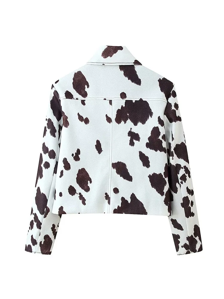 HH Women's Autumn Vintage Cow Pattern Print Jacket Female High Street Casual Covered Button Lapel Long Sleeve Woolen Jacket