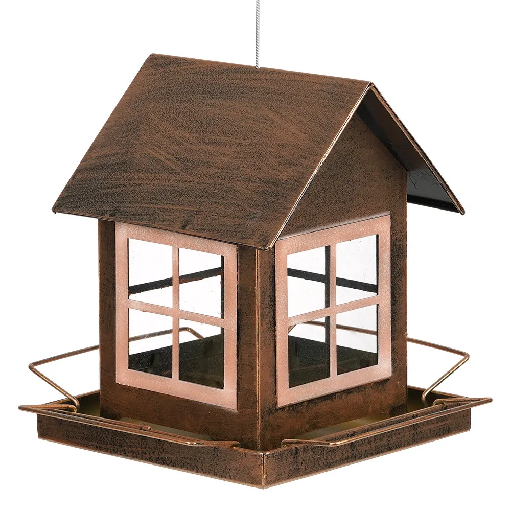 Hanging Bird Feeder House Shape Large Capacity Bird Feeding Equipment Metal Windproof Parrot Feeding Station Backyard