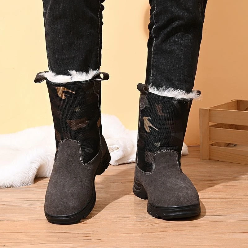 Men Winter Snow Boots Fur Lined Warm High Top Long Shaft Outdoor Thick Riding Boots Waterproof Thermal Plush Shoes