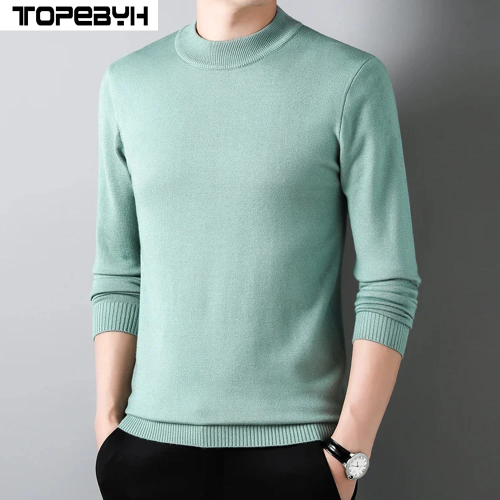 

Мужская Повседневная модная Свободная рубашка с полувысоким воротником, однотонный вязаный свитер, Топ