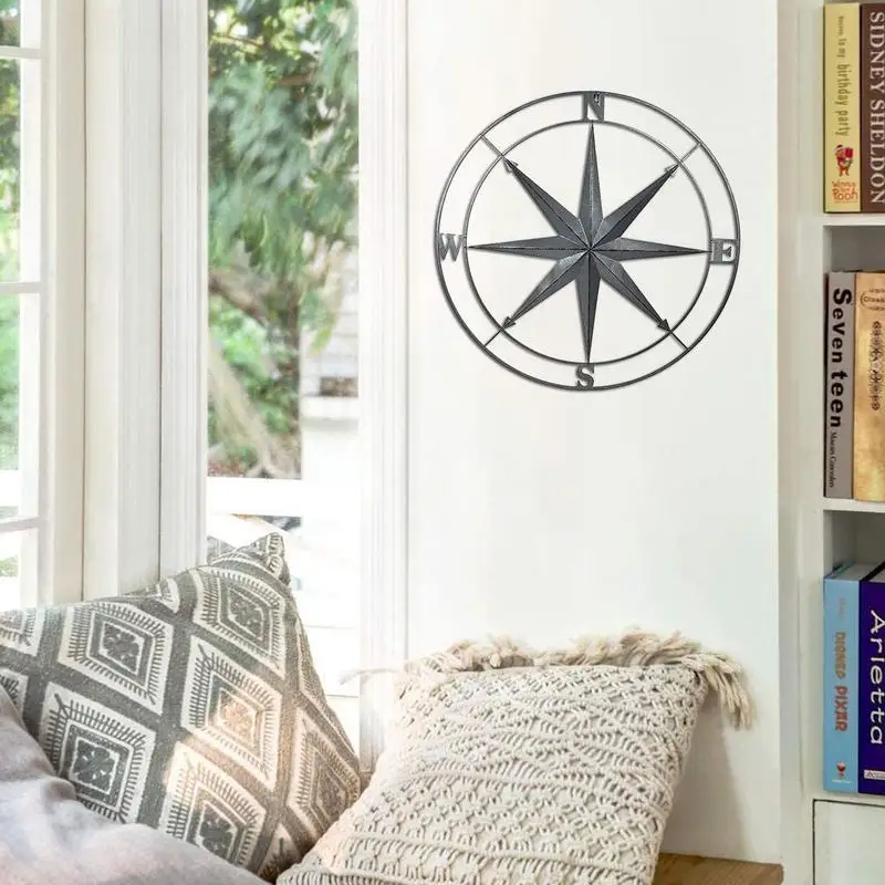 Distressed Round Metal Compass Decoration Round Metal Decorative Compass Round Vintage Theme Decoration For Living Room Bedroom