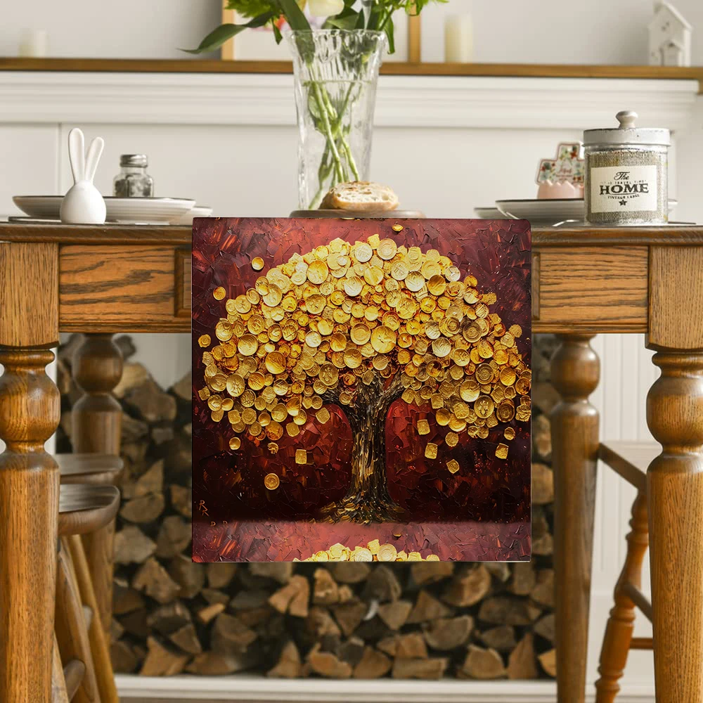 Gold Tree Gold Coin Oil Paint Table Runner Kitchen Table Decor Farmhouse Dining Table Runners Wedding Party Decorations