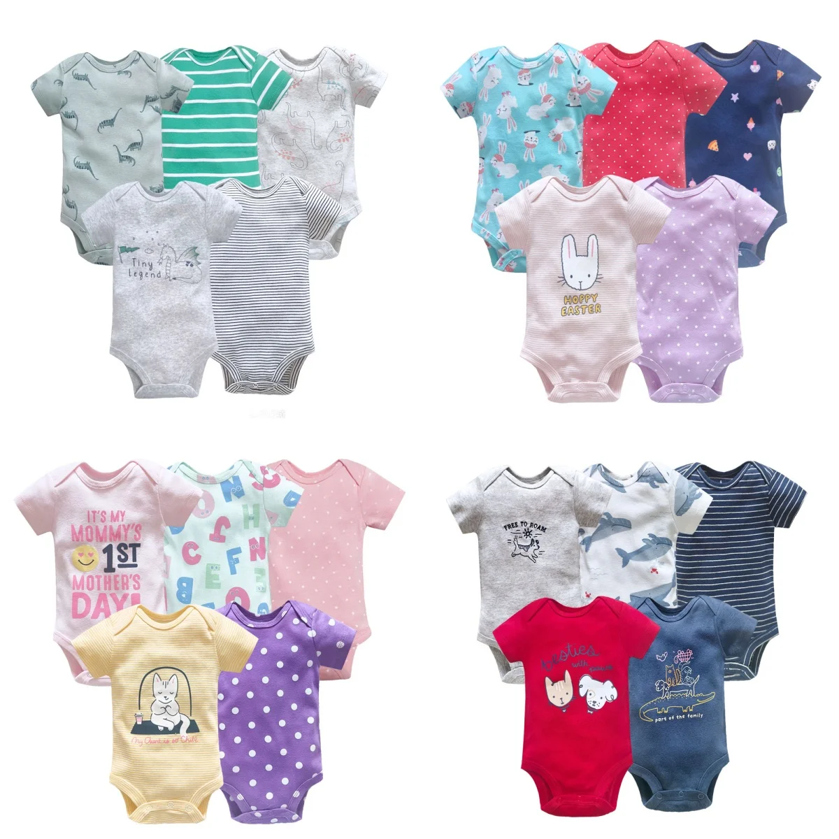 5 Pcs Pure Cotton Baby Bodysuits Short Sleeve Envelope Neck Pullover Cartoon Print Infant Jumpsuit for Boys & Girls Clothe 0-24M