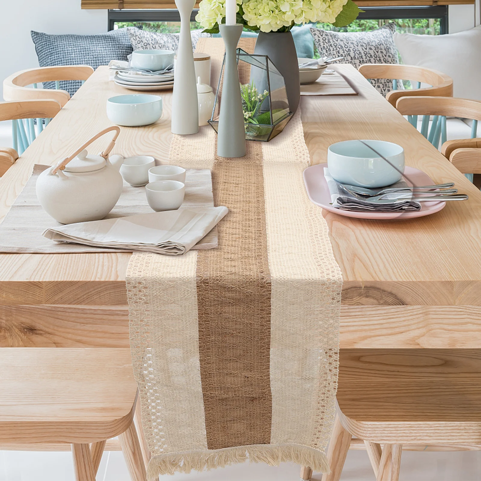 

Black Beige Woven Cotton Linen Table Runner Fringed Striped Decorative Farmhouse Wedding Holiday Party Dining Banquet Buffet