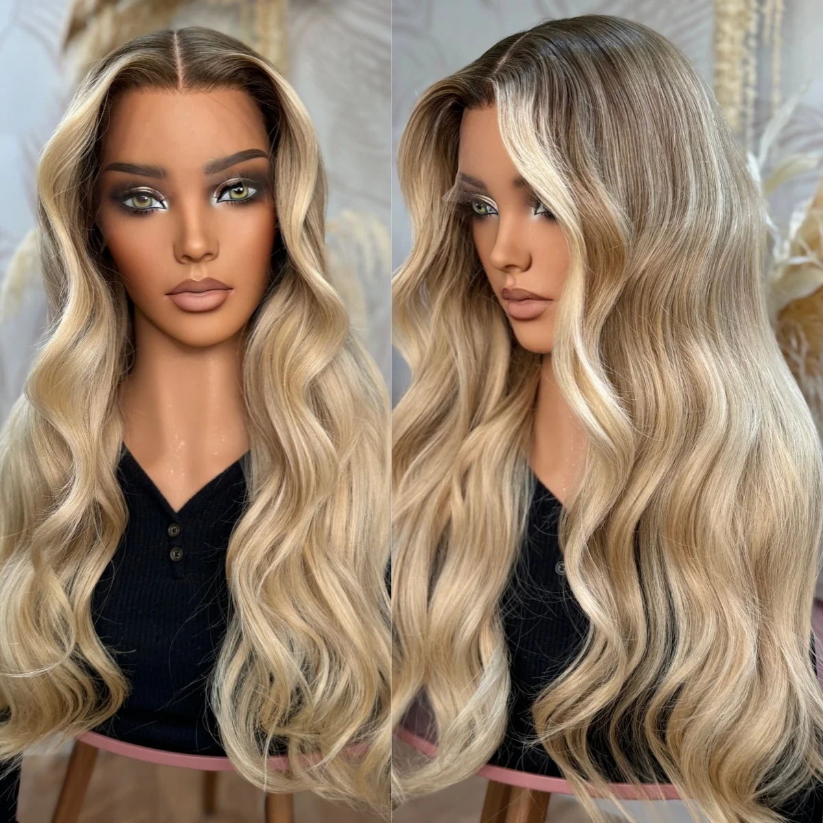 28 Inch Long Body Wave Synthetic Wig Mixed Brown and Platinum Blonde Color Ombre Lace Front Wigs for Women Blend European Hair