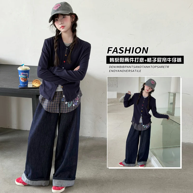 Girls Clothes Set Spring Autumn Children Multicolor Buttons Cardigan+ Wide Leg Pants 2pcs Kids Suits Teen Girl Patchwork Outfits