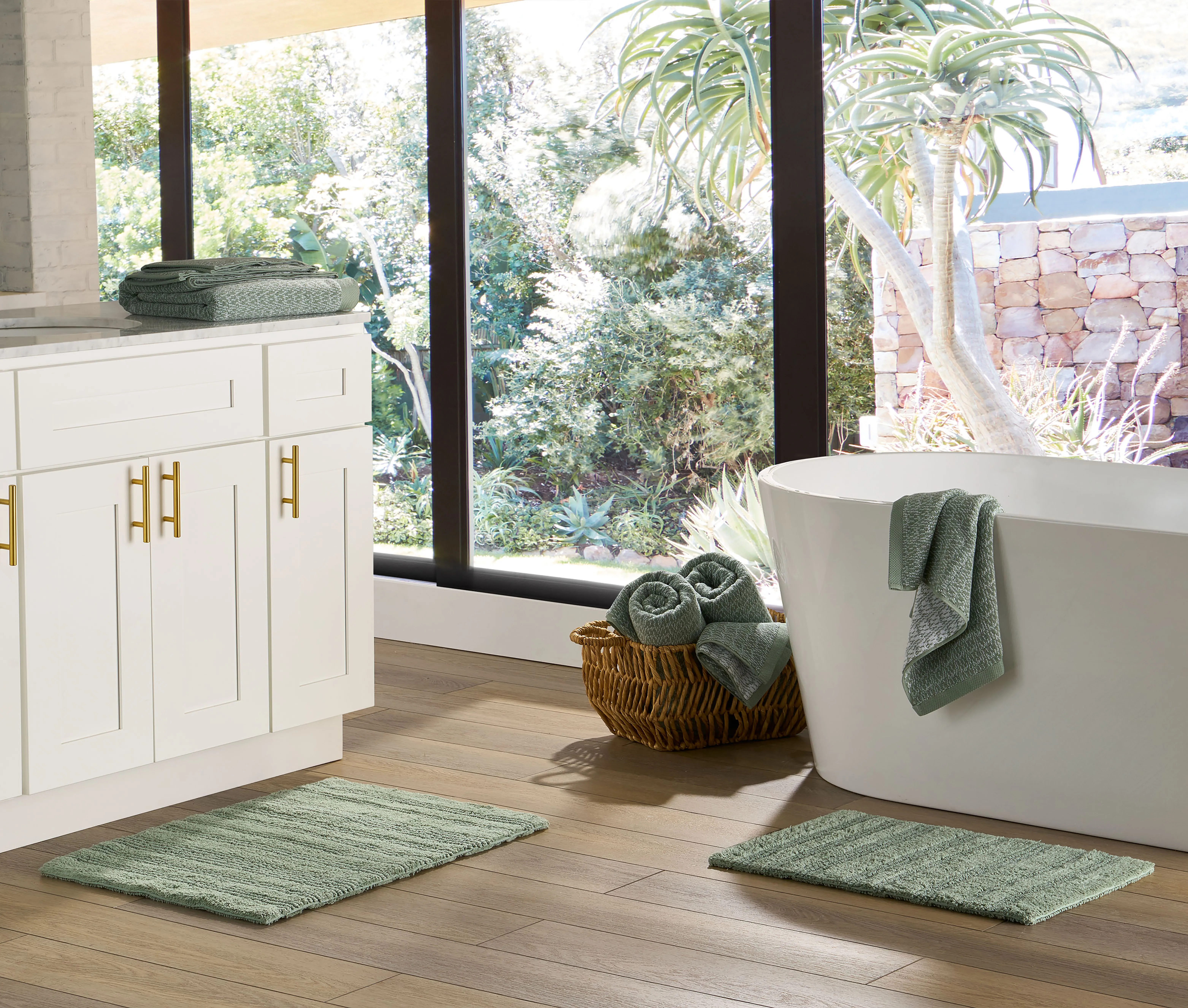

Soft green cut and loop reversible bath rug set two pieces size 17 by 24 inches and 20 by 30 inches
