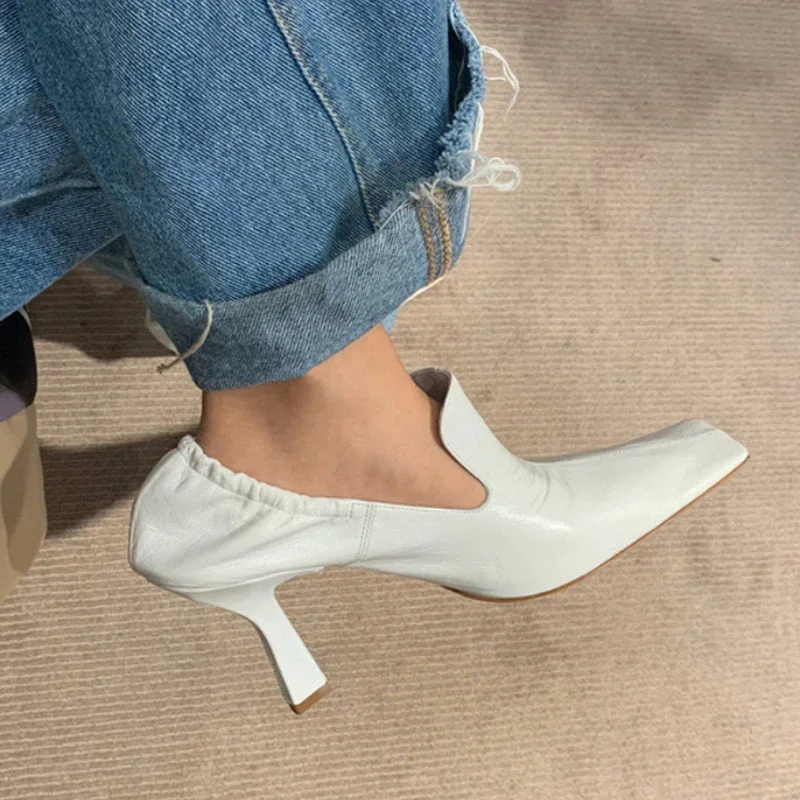 Designer Vierkante Neus Hoge Hakken Vrouwen Mode Geplooide Feestjurk Schoenen Ondiepe Nieuwe 2024 Lente Herfst Retro Muiltjes Pumps Vrouwen