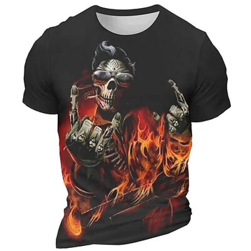 

Boutique Men's T-shirt 3D Printed Flame Skull Picture Tees Summer Trend Punk Style Leisure Short Sleeved Round Neck Loose Tops