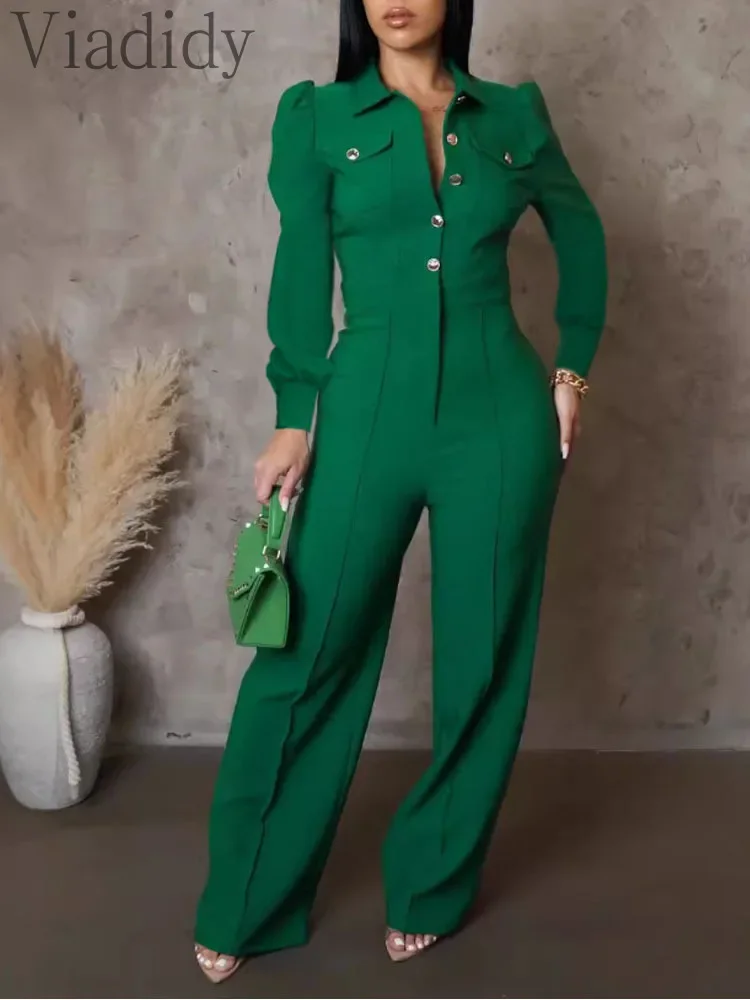 

Женский элегантный комбинезон с отложным воротником, пуговицами спереди, пышными рукавами, широкими штанинами, завышенной талией и облегающим силуэтом, длинный комбинезон-ромпер