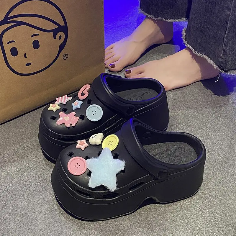 Slippers Women Clogs 9CM Non-Slip Platform Sandals DIY Bear Button EVA Slippers Beach Outdoor Slides Comfortable Height Shoes