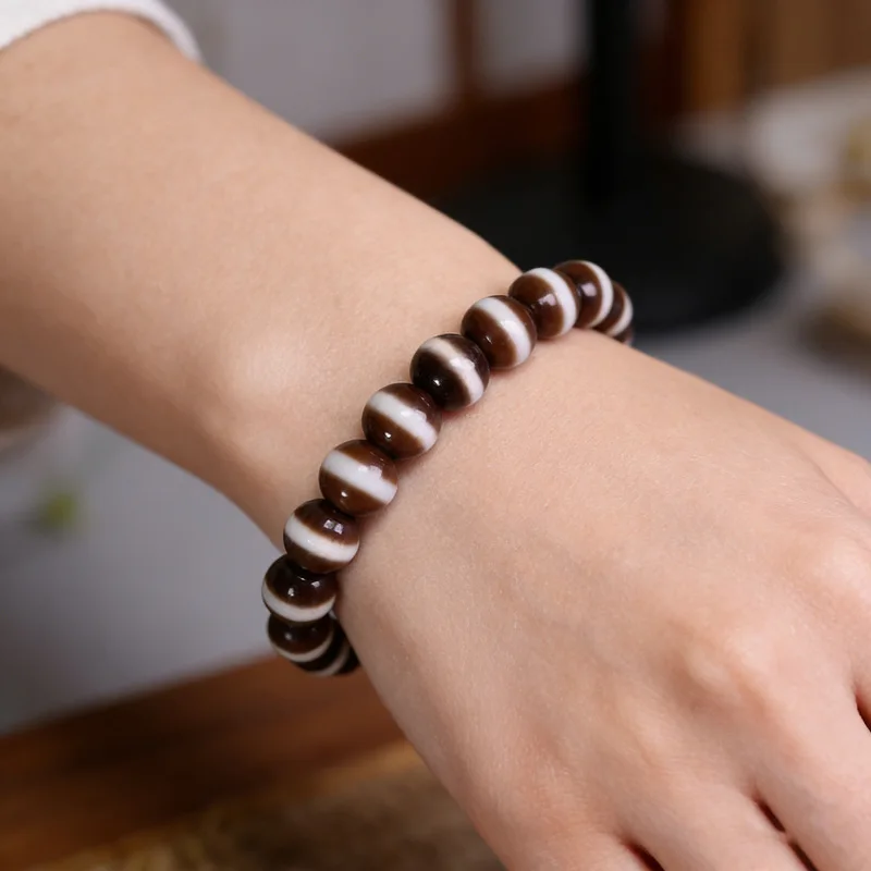 5A Grade Natural Tibetan Genuine Old Mine Stone Agate First-LinePharmacist Dzi Bead Bracelet Chain, Approximately 10X10