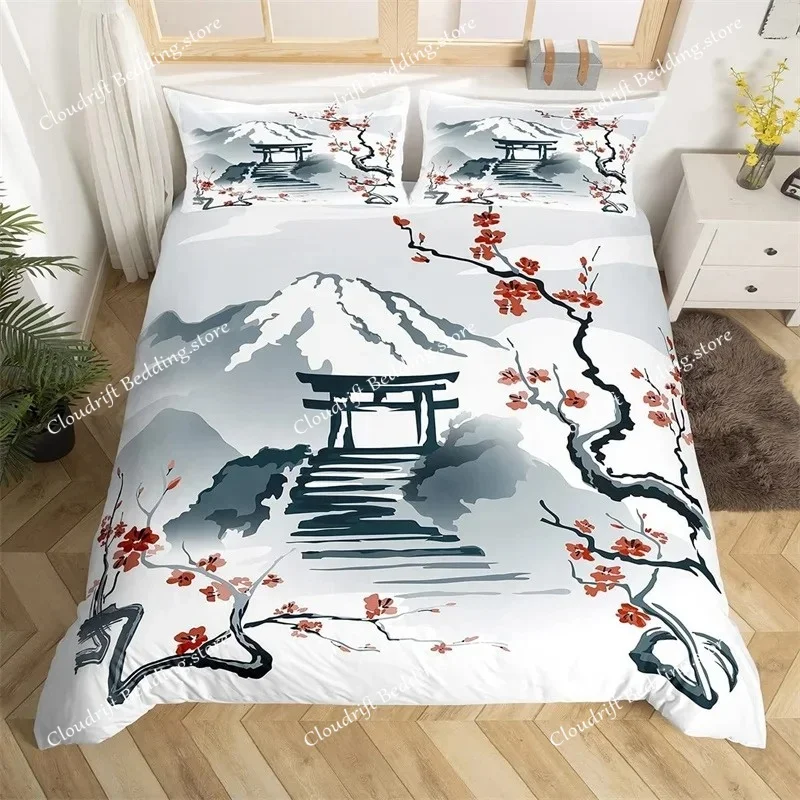

Ink Painting Duvet Cover Japanese Style Mount Fuji Comforter Cover Red Cherry Blossoms Print Bedding Set For Adults Teens Girls