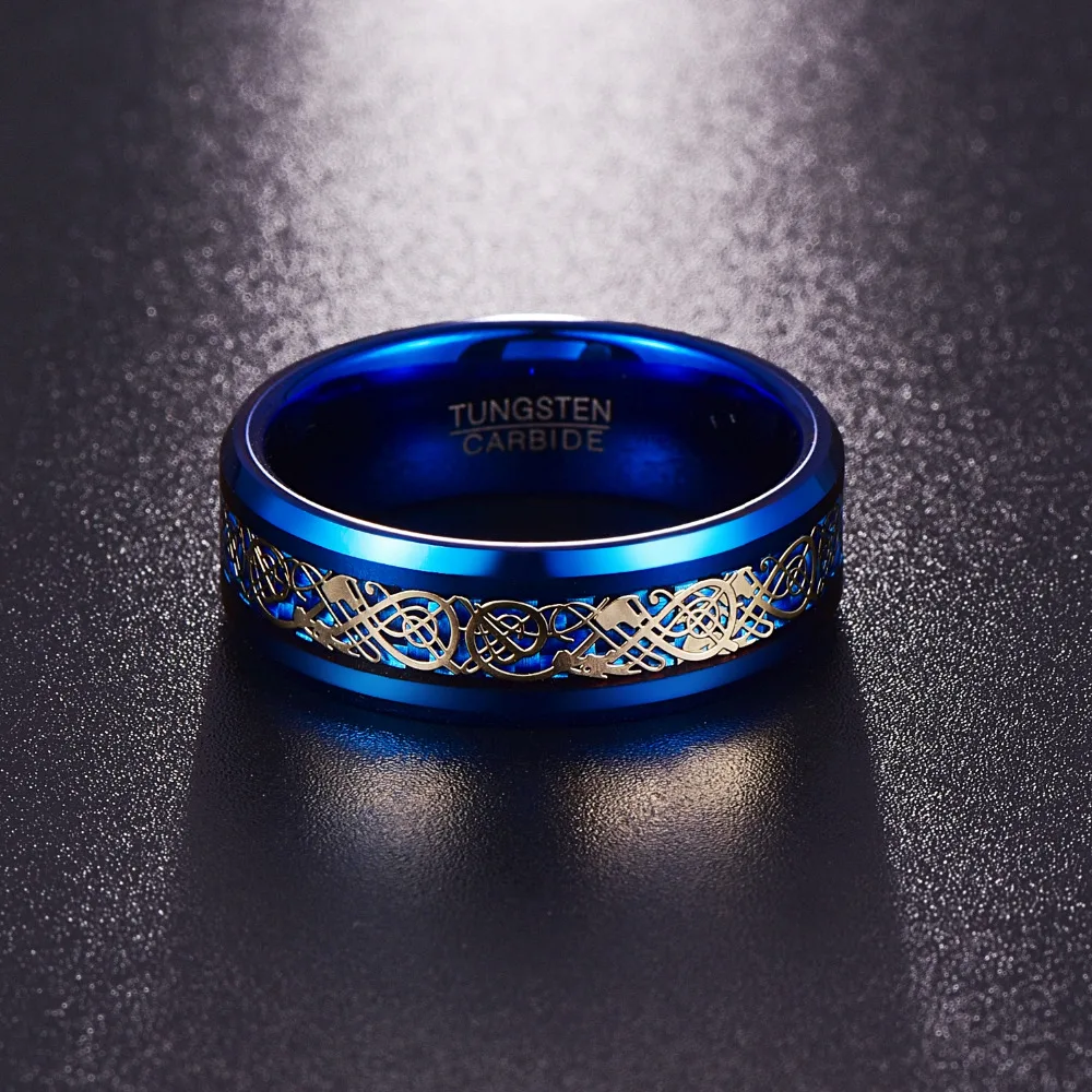 JQUEEN 8mm Men\'s Tungsten Carbide Ring Celtic Dragon Wedding Ring Band Blue/Black Carbon Fiber Engagement Ring Size 5-14