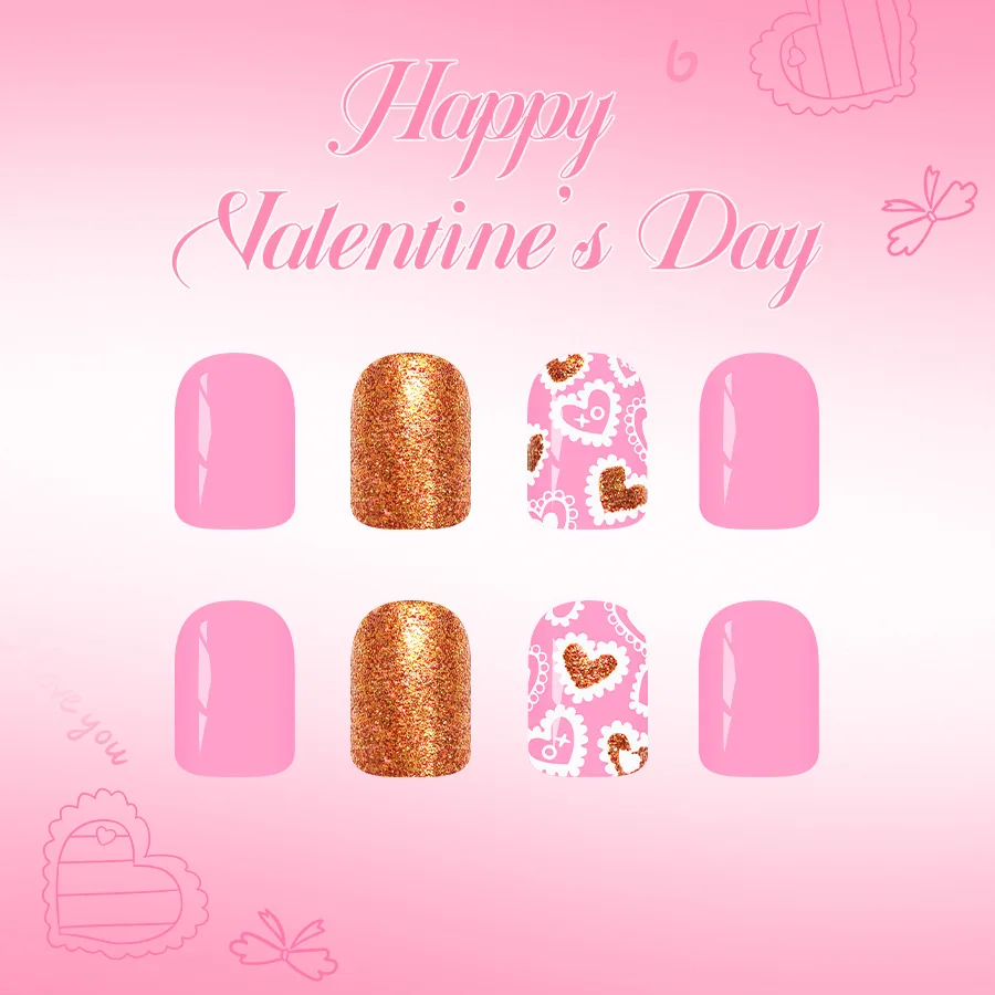 24 pièces faux ongles carrés courts saint valentin doux rose blanc coeurs or paillettes faux ongles avec colle réutilisable presse sur les ongles