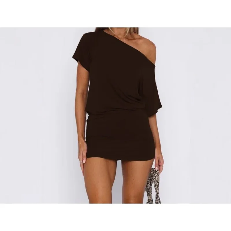 Solid color slanted shoulder short sleeve waist fashion casual women's dress