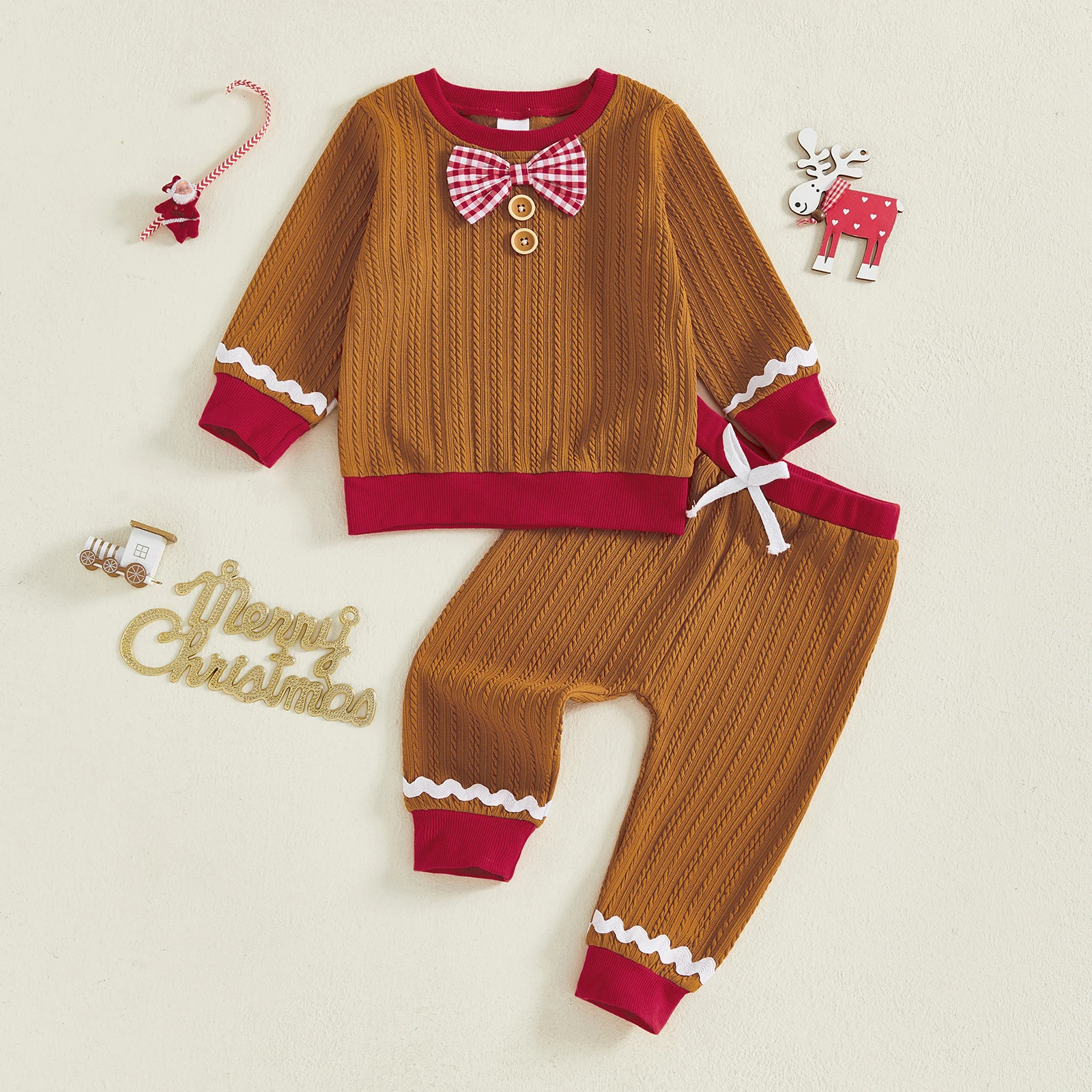 

Lioraitiin Toddler Baby Christmas Outfits Gingerbread Man Long Sleeve Round Neck Pullover + Elastic Waist Pants 2Pcs Set