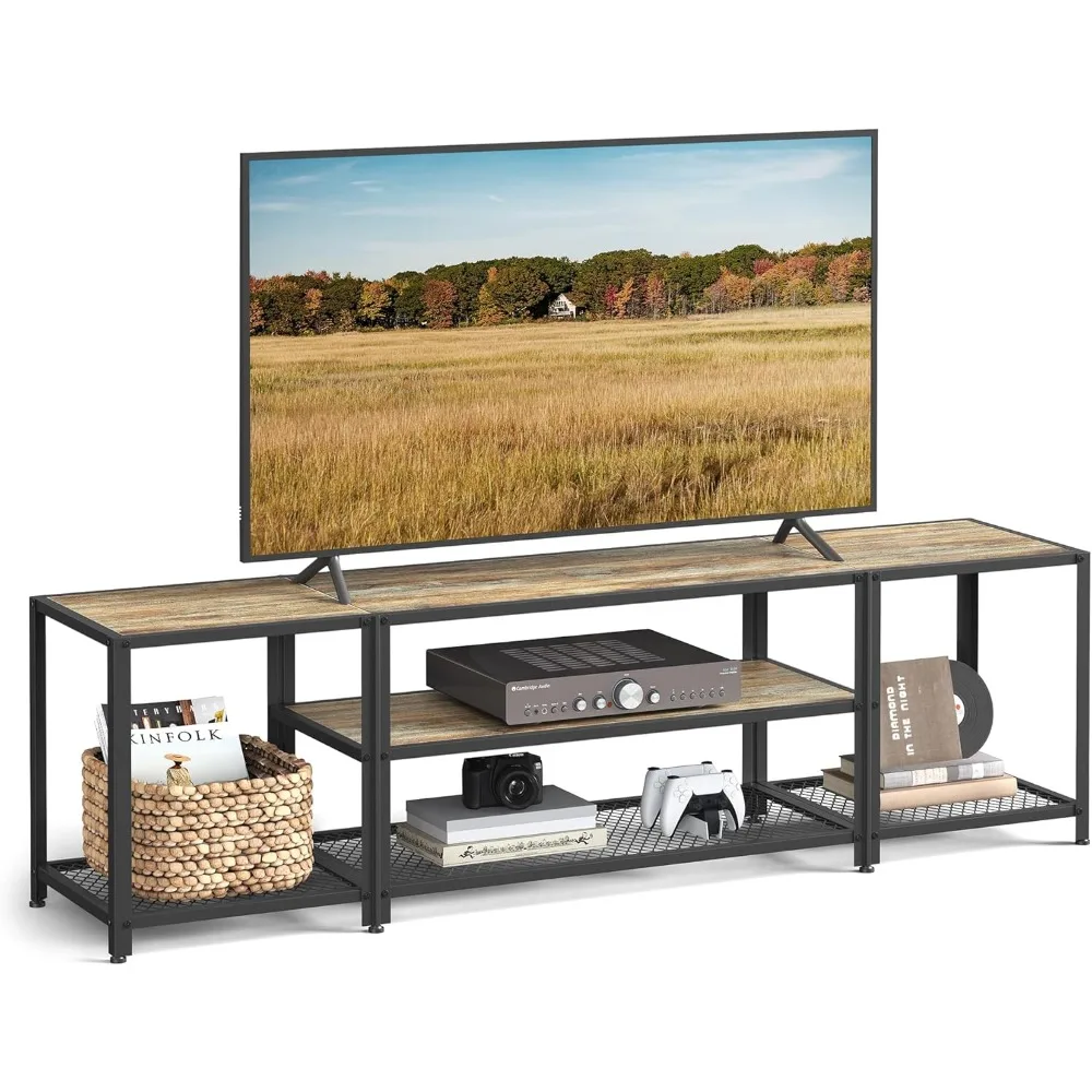 modern tv stand for tvs up to 75 inches, 3-tier entertainment center, industrial tv console table with open storage shelves, fo