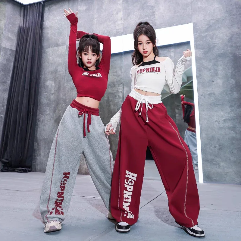 Costumi di danza Hip Hop per ragazze Top corto a maniche lunghe per bambini Pantaloni larghi Completi di vestiti per spettacoli di danza jazz moderna per bambini