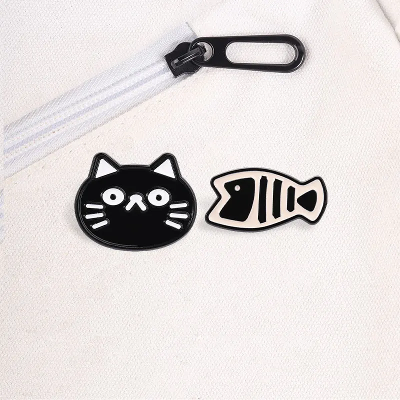 Black White Cartoon Cat Fish Bone Combination Brooch Cute Little Animal Drip Oil Pin Backpack Clothing Badge Brooch for Clothes