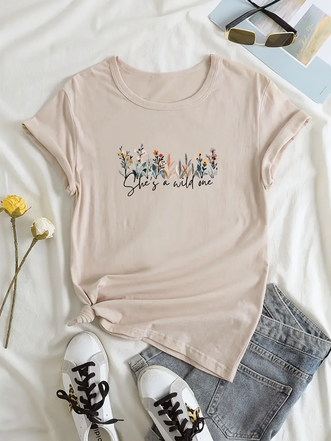 Women's Casual Short Sleeve Crew Neck T-Shirt - Vibrant Blue Floral & Graphic Print with She's Wild at Heart Quote