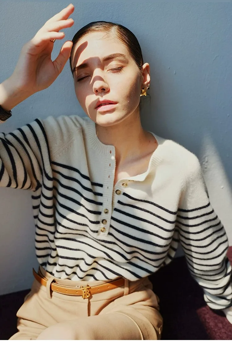 French crew-neck sweater Women's half-open neck breasted horizontal striped long sleeve pullover cashmere sweater loose knit top