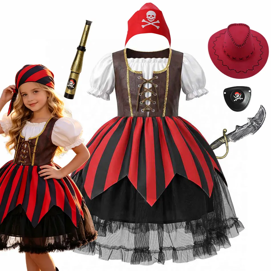 Cool Kids Pirate Role Play Costume Girls Fancy Buccaneer Tutu Dress Halloween Carnival Voyager Cosplay Exquisite Outfit 3-10Yrs
