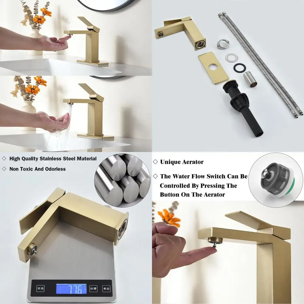 

Modern Brushed Gold Single Handle Stainless Steel Bathroom Sink Faucet with Pop-up Drain and Deck Plate for 1 or 3 Hole Vanity B