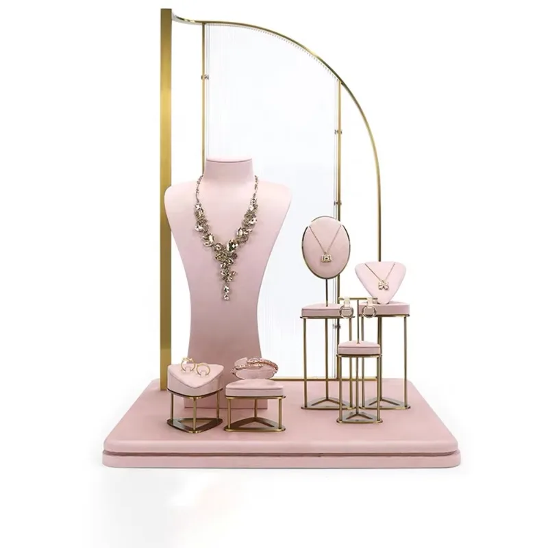 Custom Luxury Microfiber Necklace Ring Earring Display Stand Props Set LED Light for Retail Store Jewelry Bracelet Holder