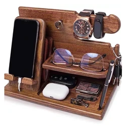 Wood Phone Docking Station for Men, Key Holder, Wallet Stand, Jóias, Watch Organizer, Desk Accessories, Marido, Birthday Gift