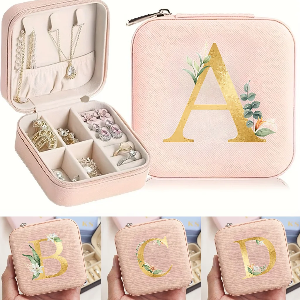 Pink Letter-Printed Portable Mini Jewelry Organizer & Travel Case, Earring, Necklace, and Ring Storage Box, Jewelry Display Box