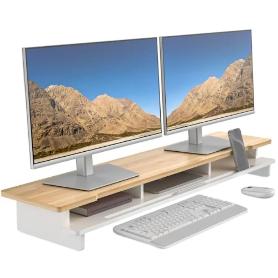 Dual Monitor Stand Riser for Desk with Wood Shelf Storage Organizer and Phone Tablet Holder 42.5 Inch White Natural Bamboo