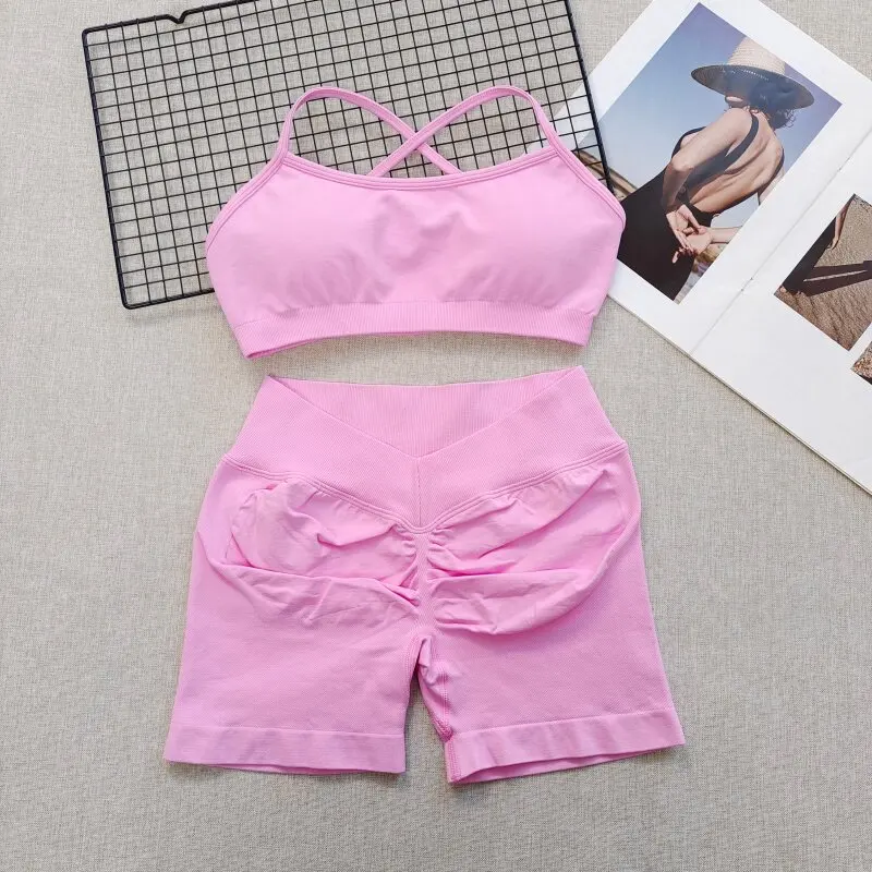 Nahtloses, schnelltrocknendes Fitness-Set für Damen: Sport-BH und Hüftstraffende V-Taille Yoga-Shorts, Pilates-Trainingskleidung, Gym-Set – Detail 13