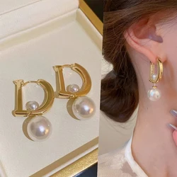 1 Pair Pearl Pendant Drop Earrings For Women Girls New Trendy Elegant D-shaped Geometric Ear Buckle Temperament Earrings