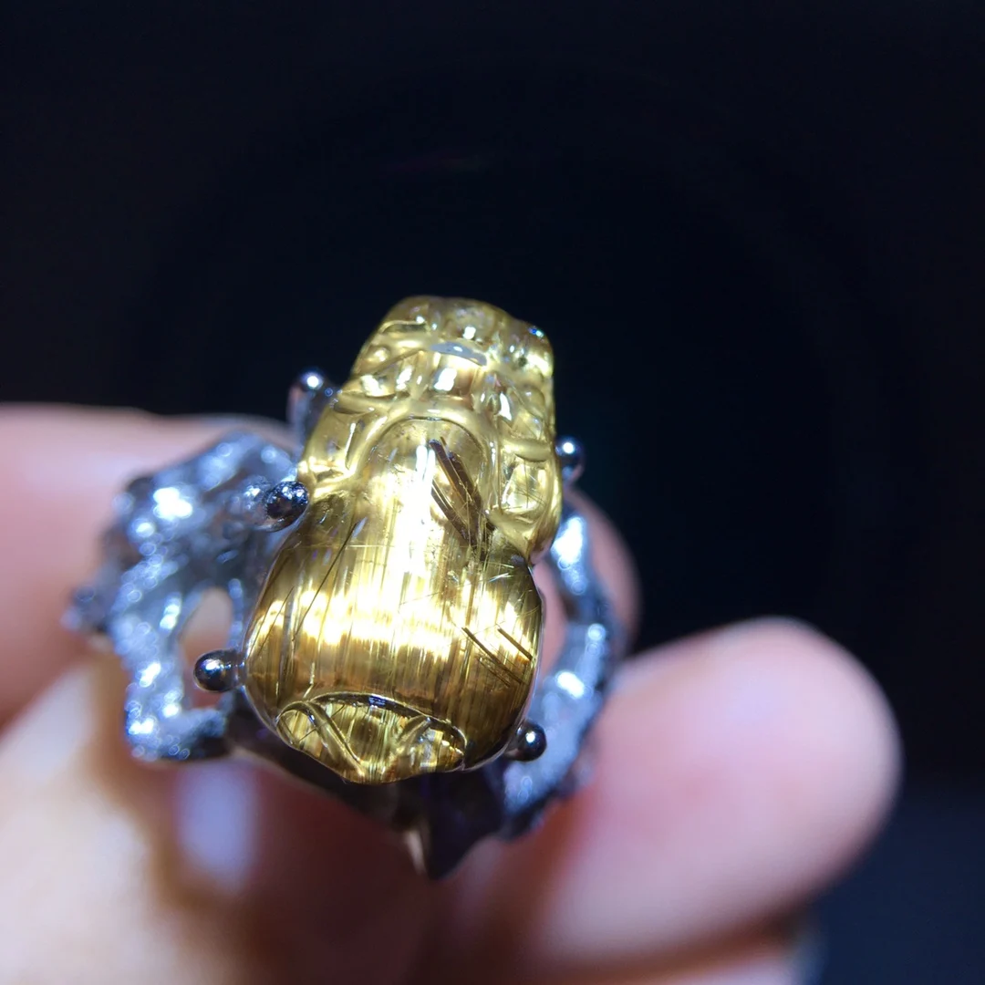 Natural Gold Rutilated Quartz Adjustable Ring Rutilated 14.2/8.6mm 925 Silver Yellow Rutilated Beads AAAAAA