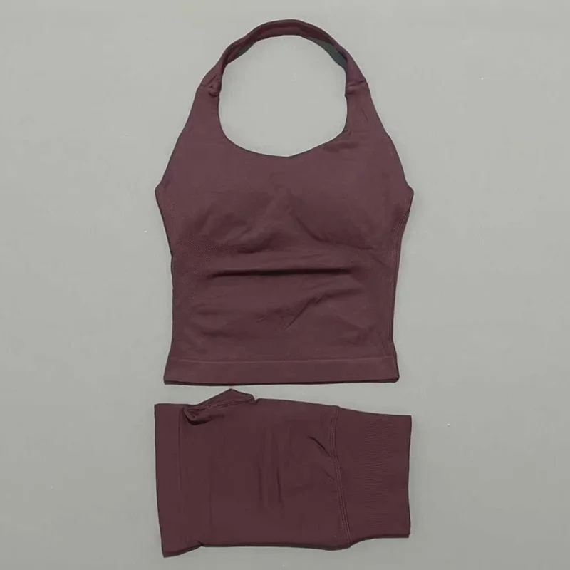 2 Pieces Sports Halter Top Strappy Bra Shorts Set Women Seamless Yoga Gym Leggings Set Running Fitness Sports Shorts Suit image 6