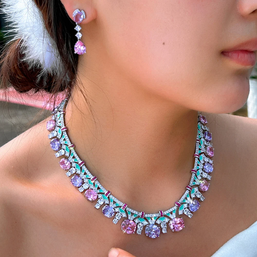 BeaQueen Luxury Romantic Multicolor Big Oval Cubic Zirconia Stone Women Wedding Bridal Necklace Earrings 2pcs Jewelry Sets T0984