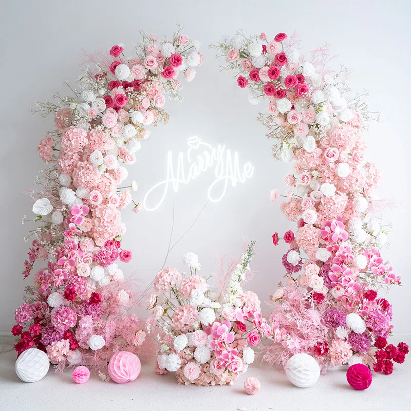 Luxury 5D Pink Rose Hyacinth Fog grass Wedding Backdrop Arch KT Board Decor Floral Arrangement Floor Flower Event Party Props