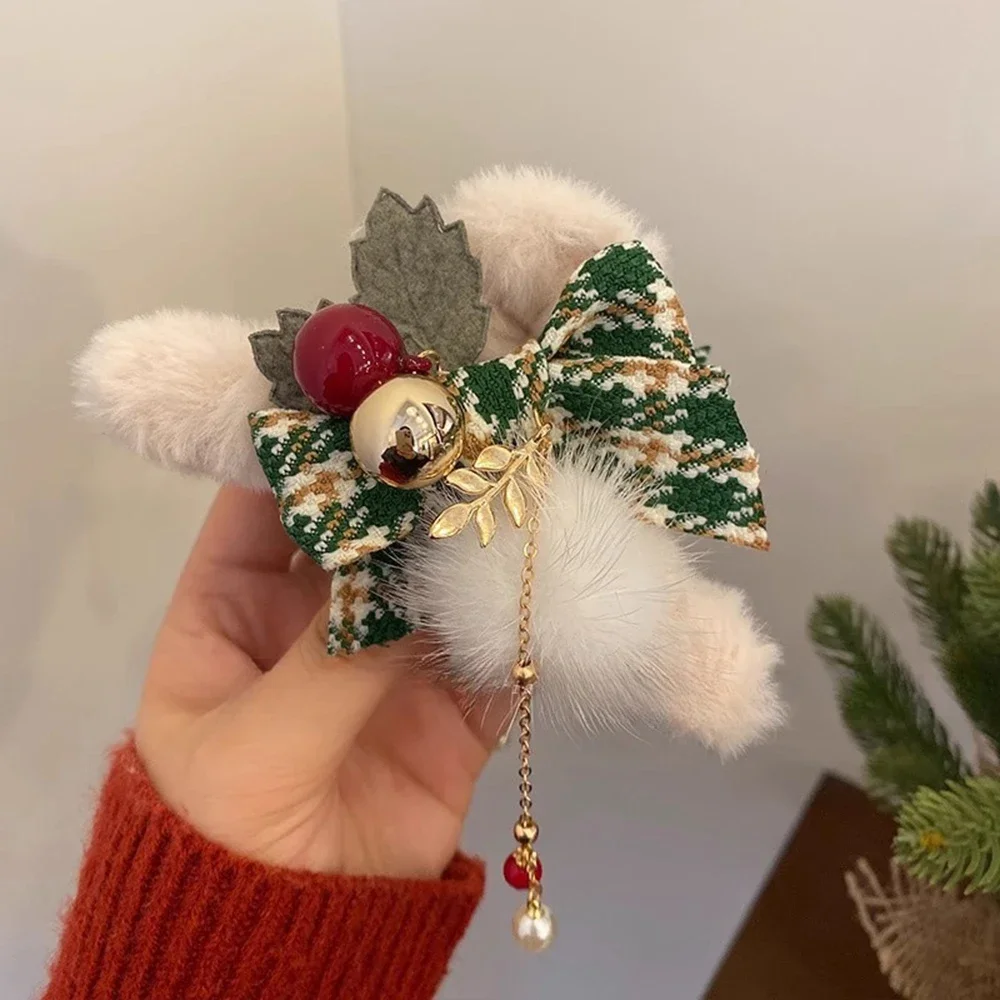 Grampo de cabelo de pelúcia de natal para mulheres elegante arco de inverno grampos de cabelo de pele sintética meninas festa de natal acessórios de cabelo