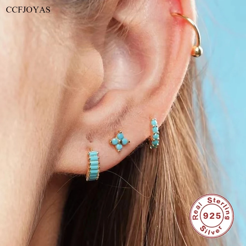 

CCFJOYAS 100% 925 Sterling Silver Turquoise Earrings Set Sweet Minimalist Small Hoop Earrings for Girl Fine Jewelry Gift