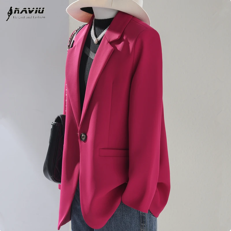 

NAVIU 2026 Spring New Women Blazer Jacket Ladies Rose Red Single Button Long Sleeve Female Business Work Wear Formal Coat