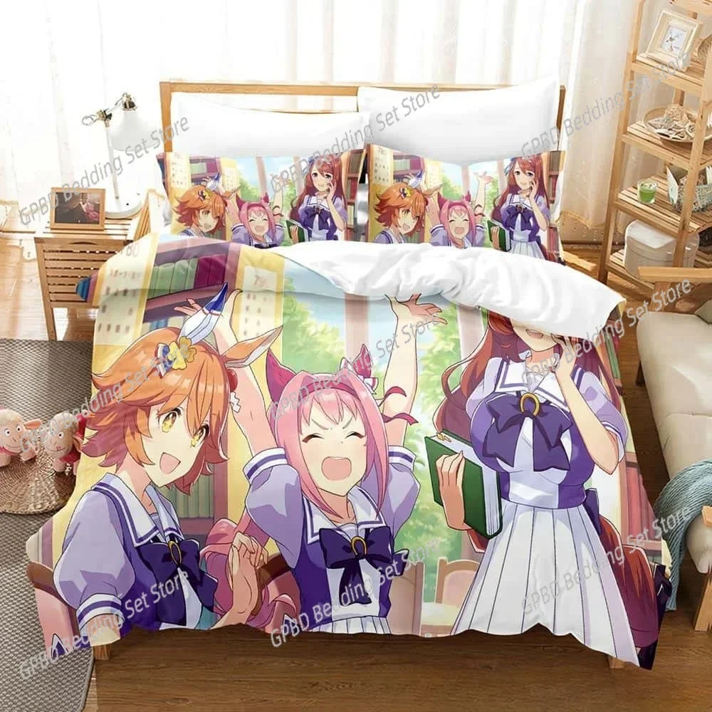 Kawii Girls Uma Musume Pretty Derby 3D Bedding Set Duvet Cover Pillowcases Single Twin Full King Size Home Decor Quilt Boys Gift