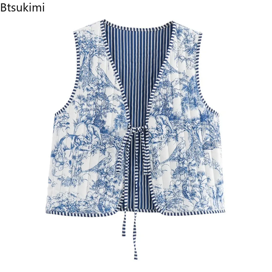 2025 Autumn Winter Women National Style Sleeveless Patchwork Floral Print Quilted Vest Jacket Fashion Ladies Lace Up WaistCoat